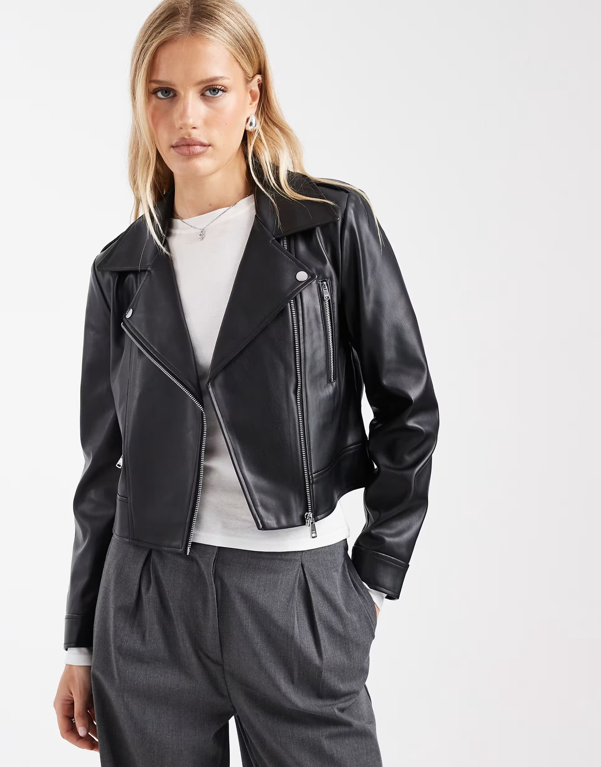ASOS ONLY faux leather boxy biker jacket in black