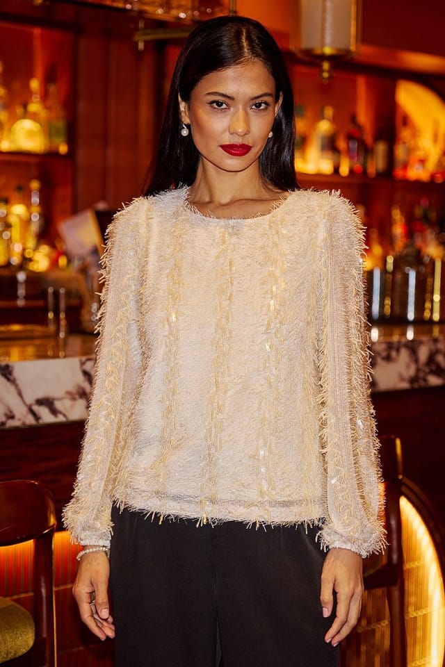 Yumi Yumi Women's Ivory Hanging Sequin Long Sleeve Top - 2