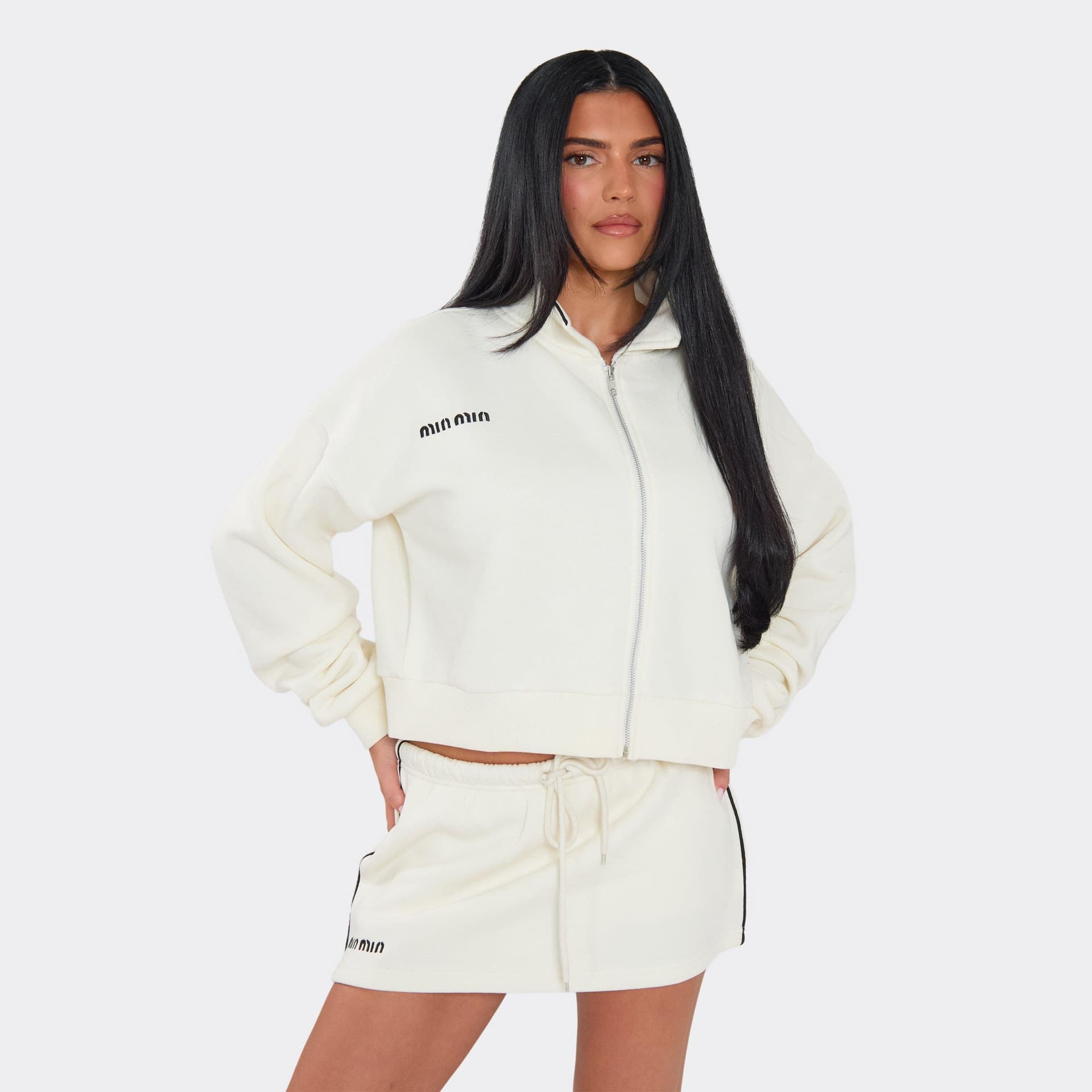 EGO Long Sleeve Min Min Detail Zip Up Collared Sweatshirt In Cream, Women's Size UK 8