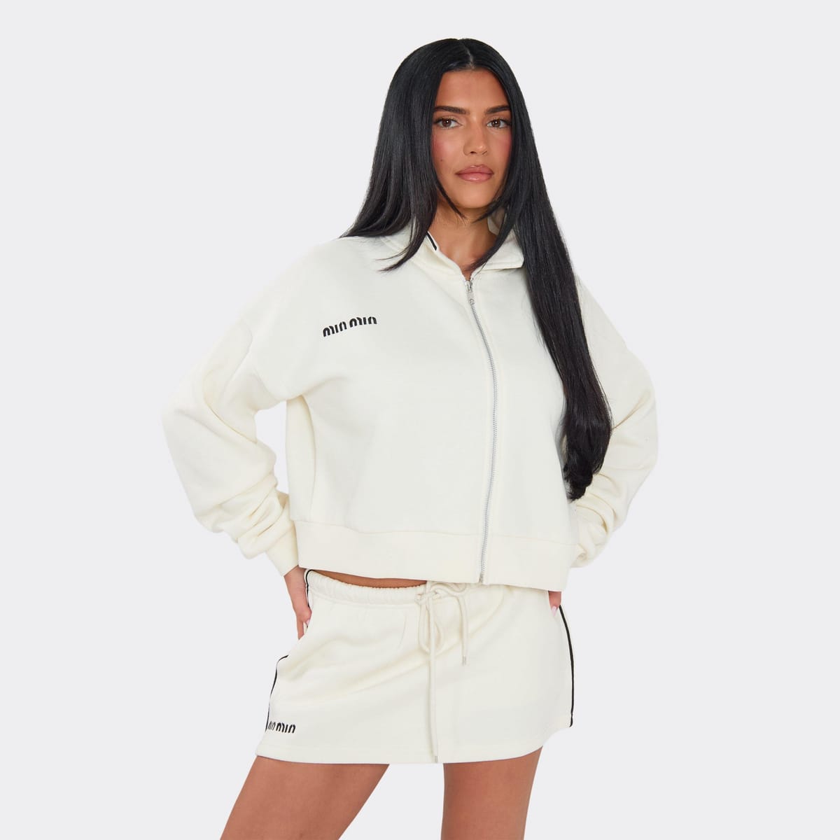 EGO Long Sleeve Min Min Detail Zip Up Collared Sweatshirt In Cream, Women's Size UK 8 - 1