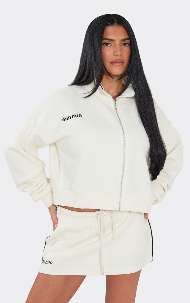 EGO Long Sleeve Min Min Detail Zip Up Collared Sweatshirt In Cream, Women's Size UK 8 - 2