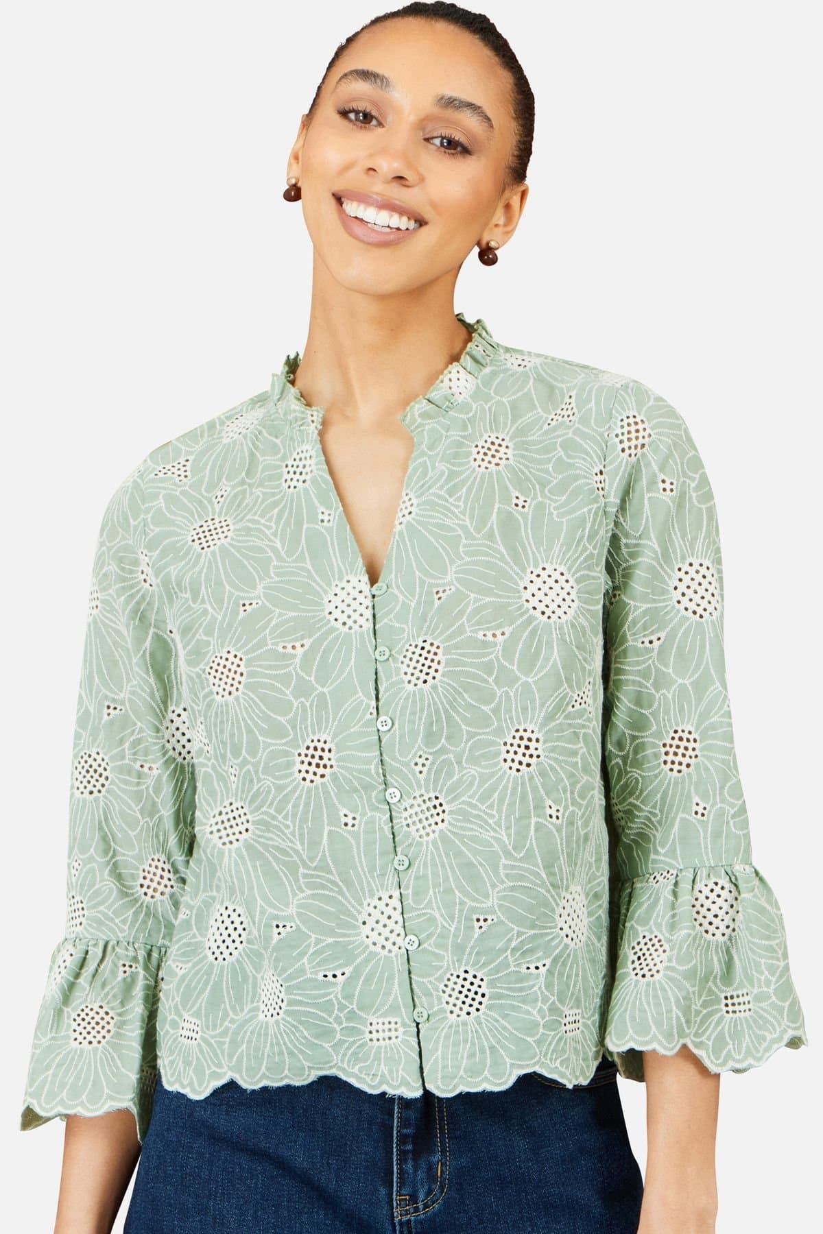 Yumi Yumi Women's Green Daisy Broderie Shirt With Fluted Sleeves in Mint