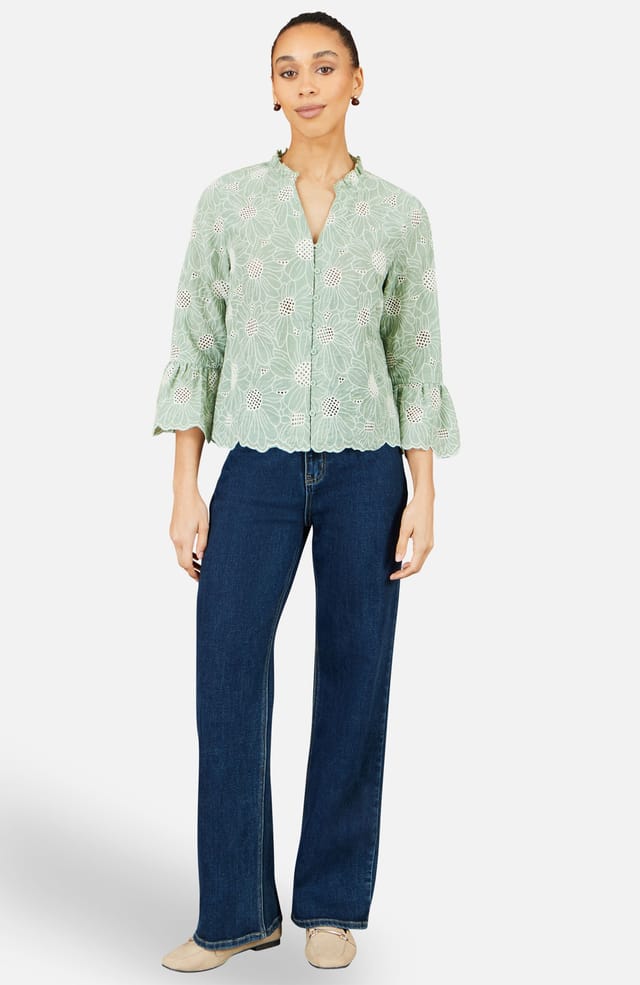 Yumi Yumi Women's Green Daisy Broderie Shirt With Fluted Sleeves in Mint - 2