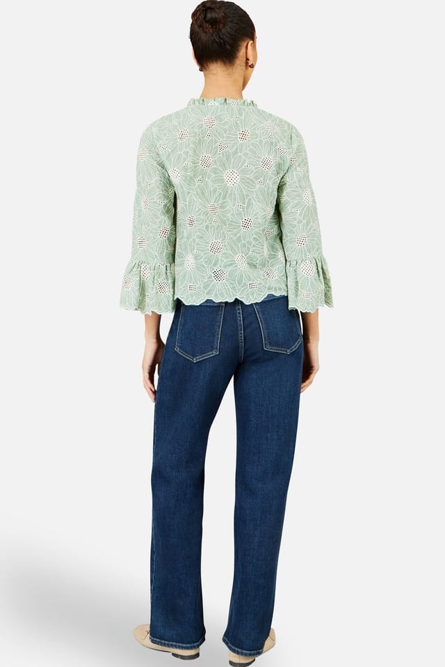 Yumi Yumi Women's Green Daisy Broderie Shirt With Fluted Sleeves in Mint - 3