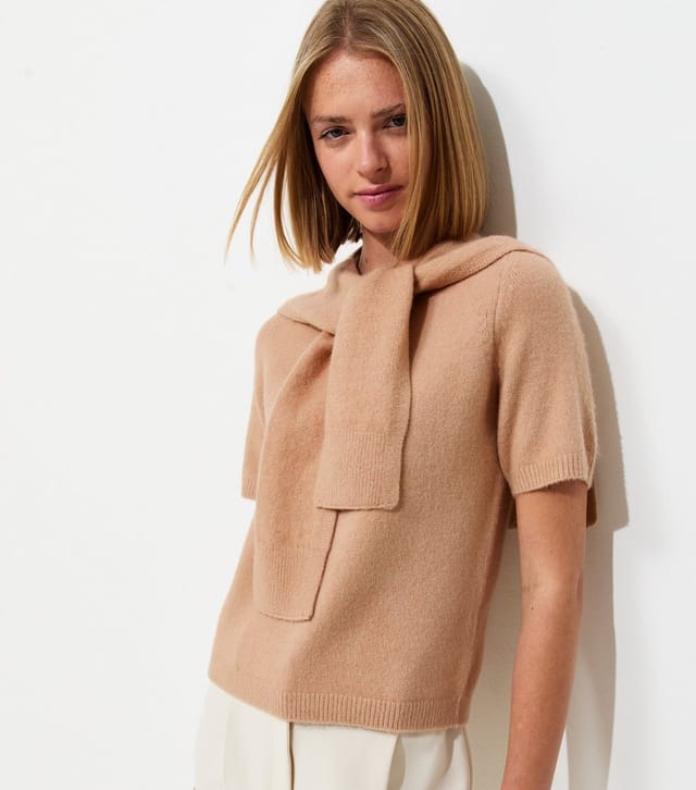 New Look Women's Camel Brushed Knit Scarf Detail Short Sleeve Top New Look - 2