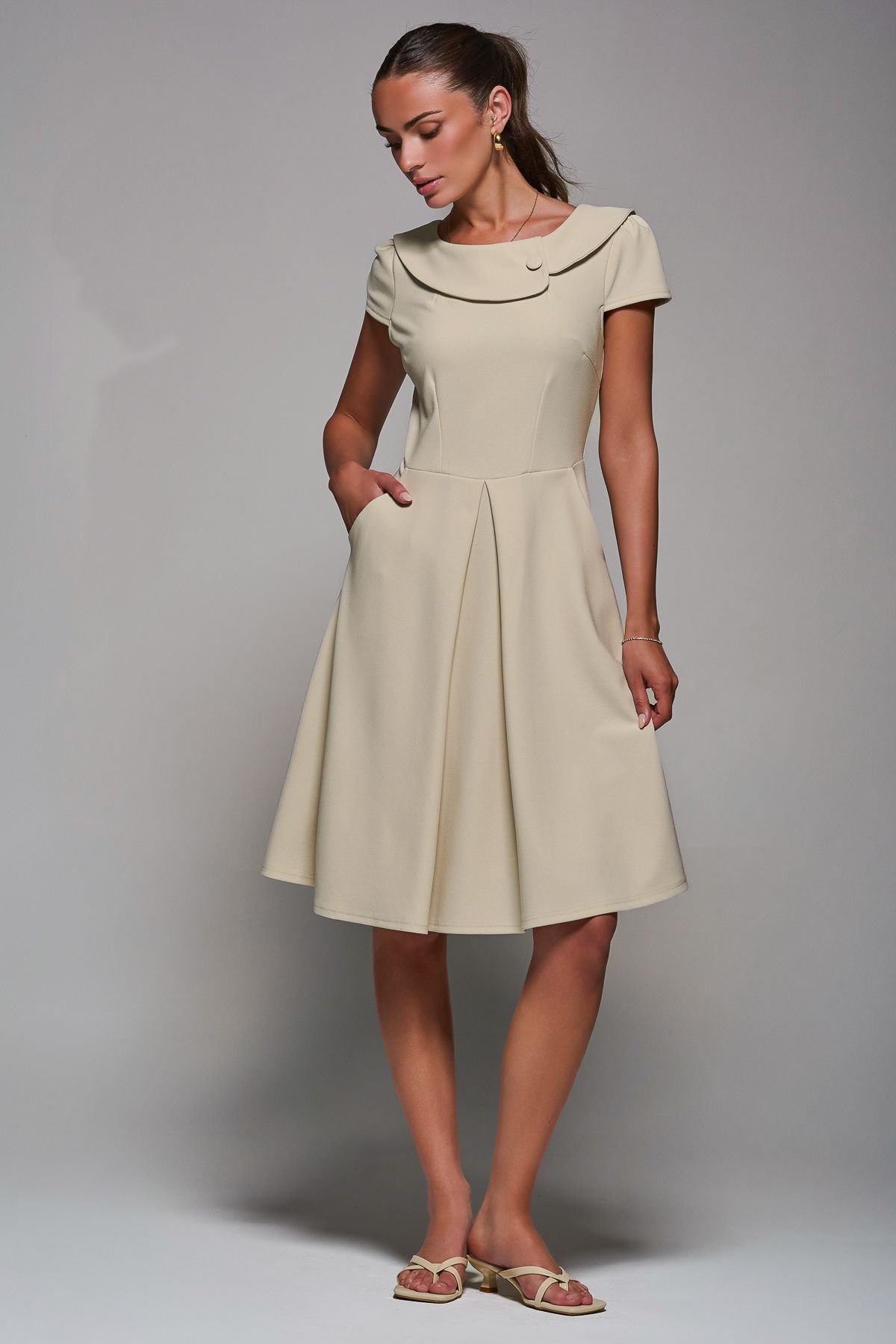 Jolie Moi Jolie Moi Women's Roll Collar Cap Sleeve Midi Dress in Beige - 2