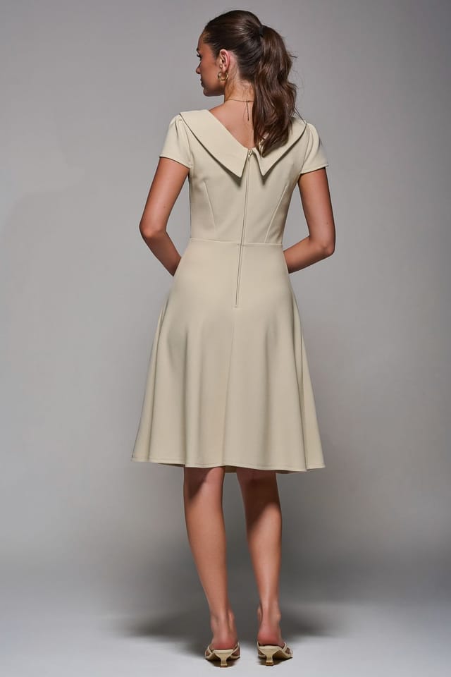 Jolie Moi Jolie Moi Women's Roll Collar Cap Sleeve Midi Dress in Beige - 2