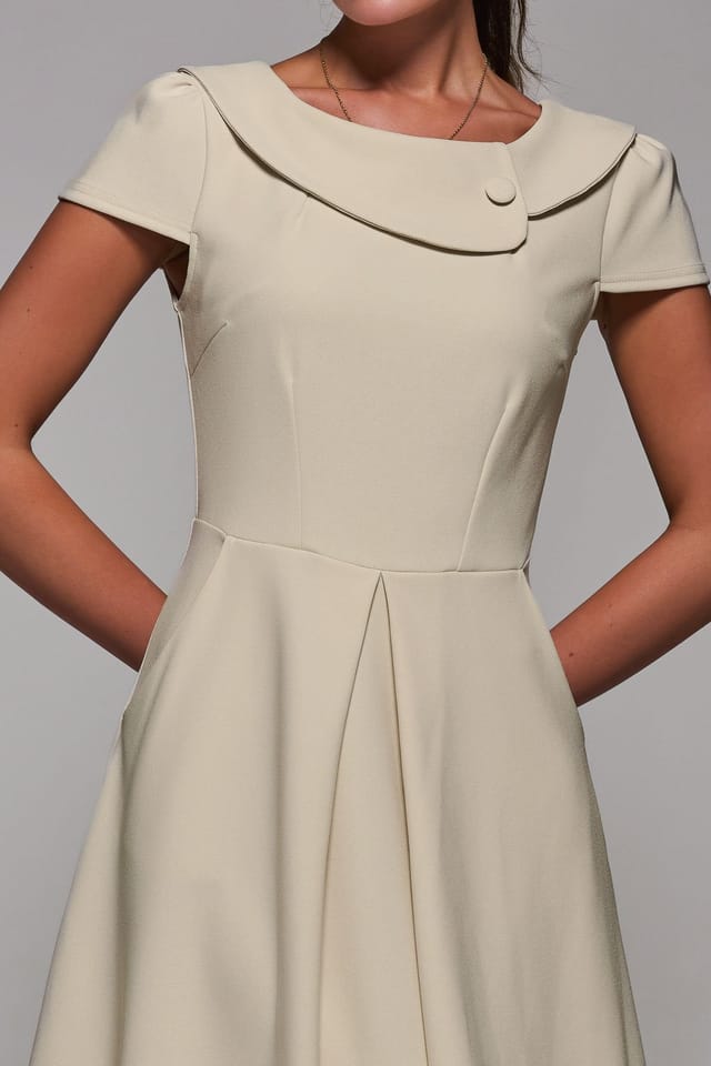 Jolie Moi Jolie Moi Women's Roll Collar Cap Sleeve Midi Dress in Beige - 3