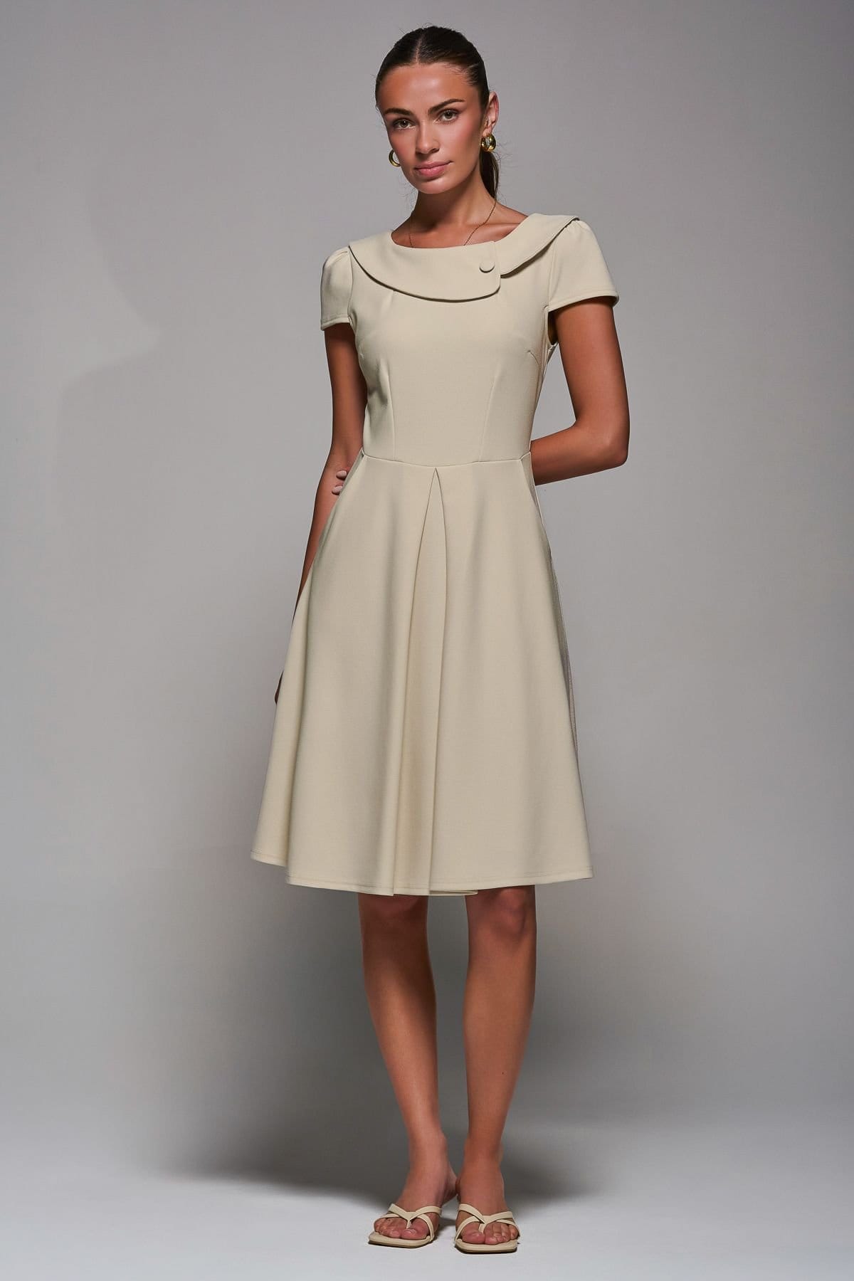 Jolie Moi Jolie Moi Women's Roll Collar Cap Sleeve Midi Dress in Beige - 4