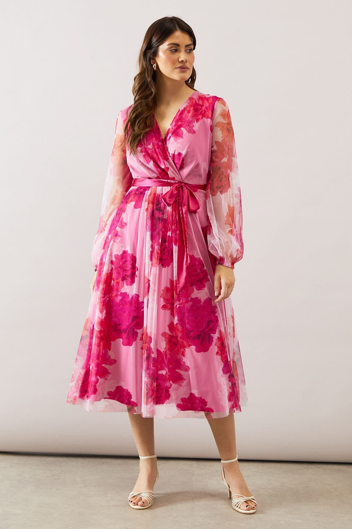 Wallis Wallis Women's Floral Mesh Satin Tie Midi Dress in Pink