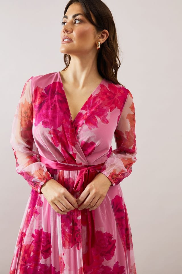 Wallis Wallis Women's Floral Mesh Satin Tie Midi Dress in Pink - 2