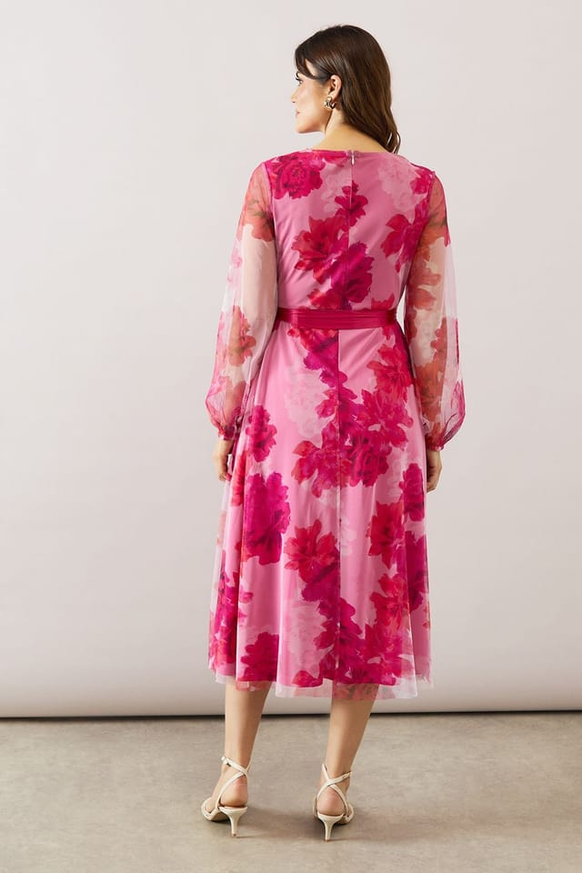 Wallis Wallis Women's Floral Mesh Satin Tie Midi Dress in Pink - 3