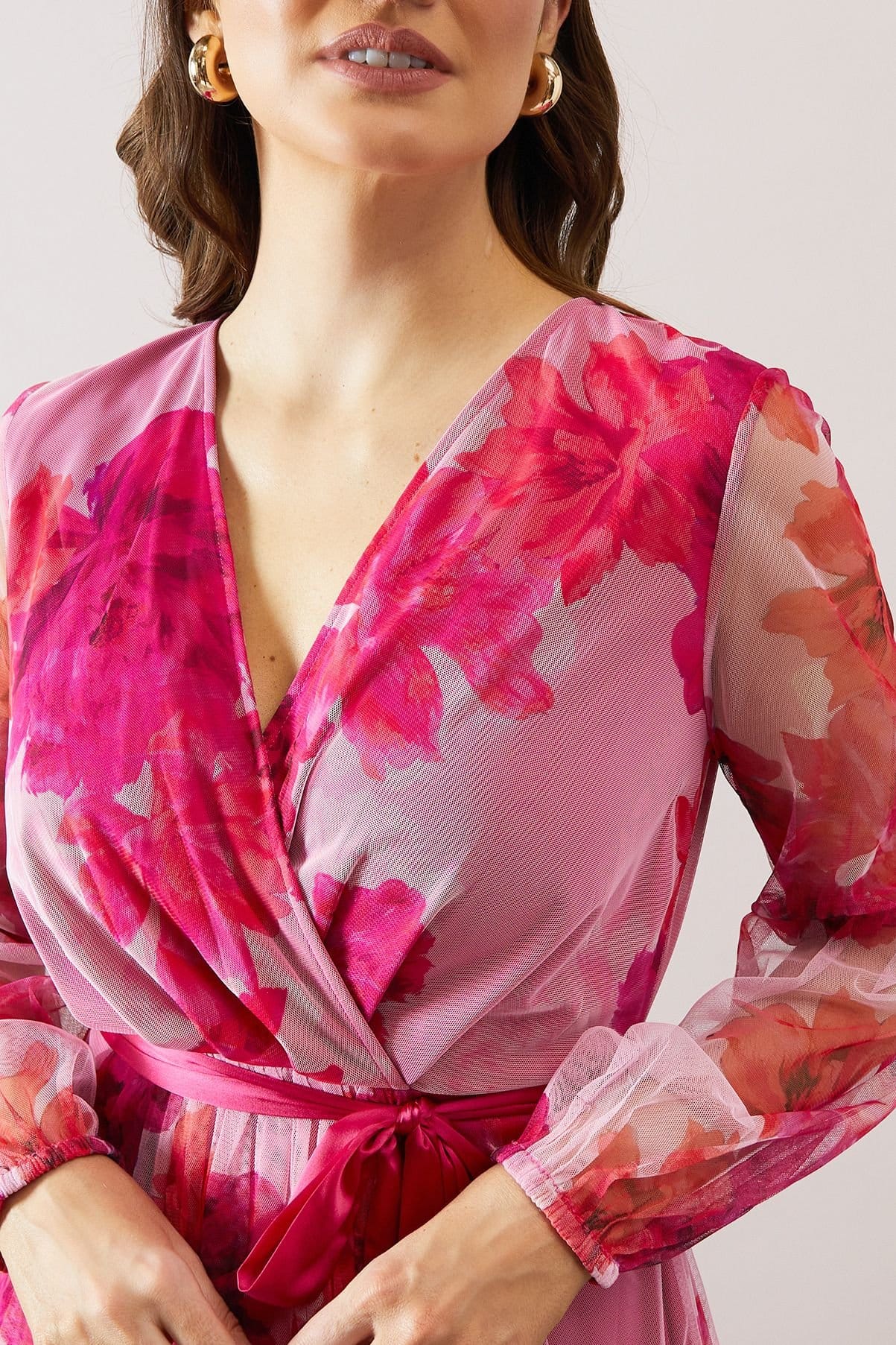 Wallis Wallis Women's Floral Mesh Satin Tie Midi Dress in Pink - 4