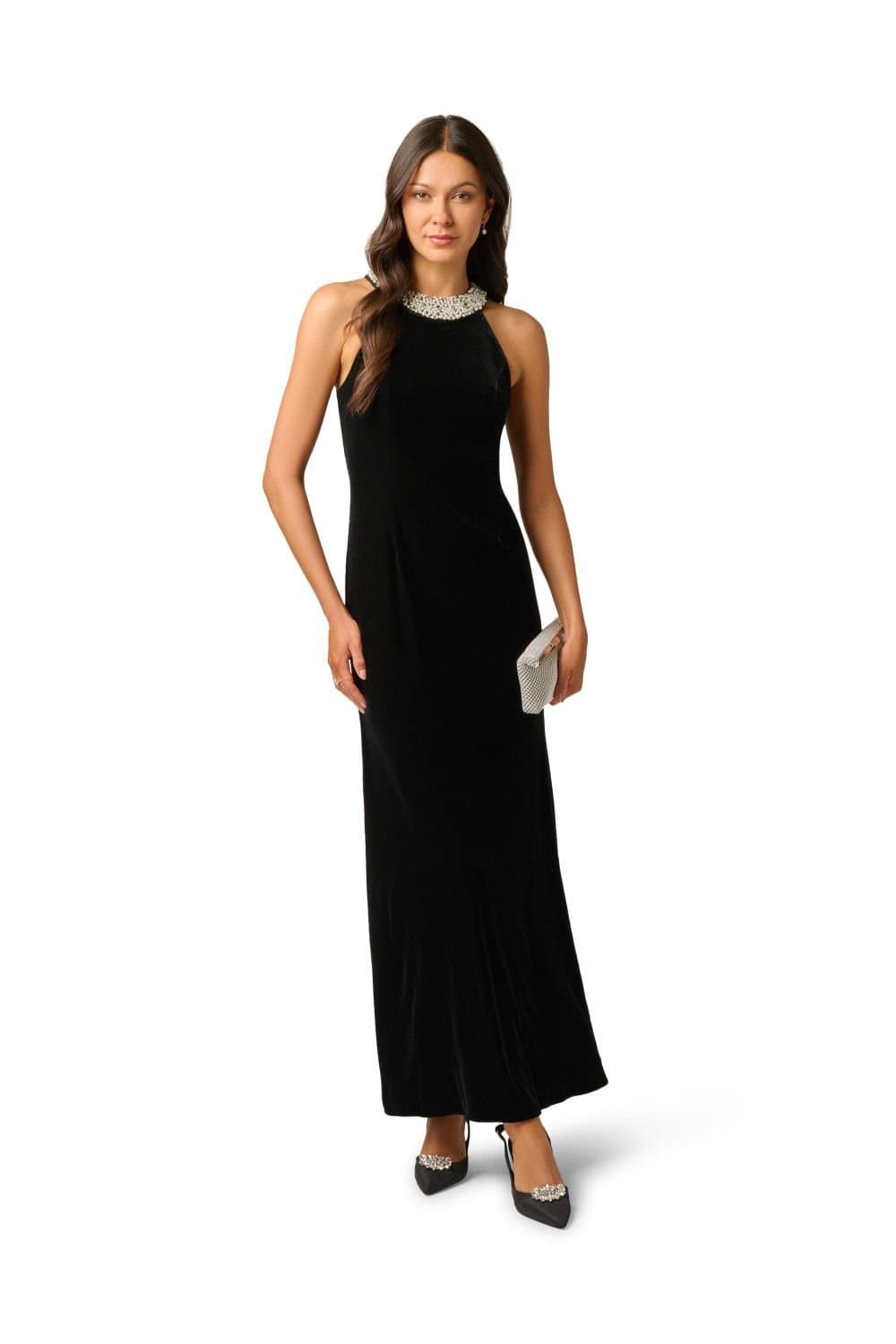 Papell Studio Papell Studio Women's Beaded Halter Velvet Gown in Black