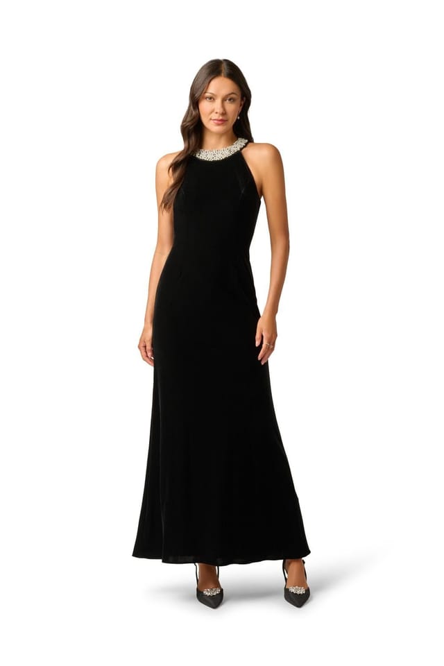Papell Studio Papell Studio Women's Beaded Halter Velvet Gown in Black - 2