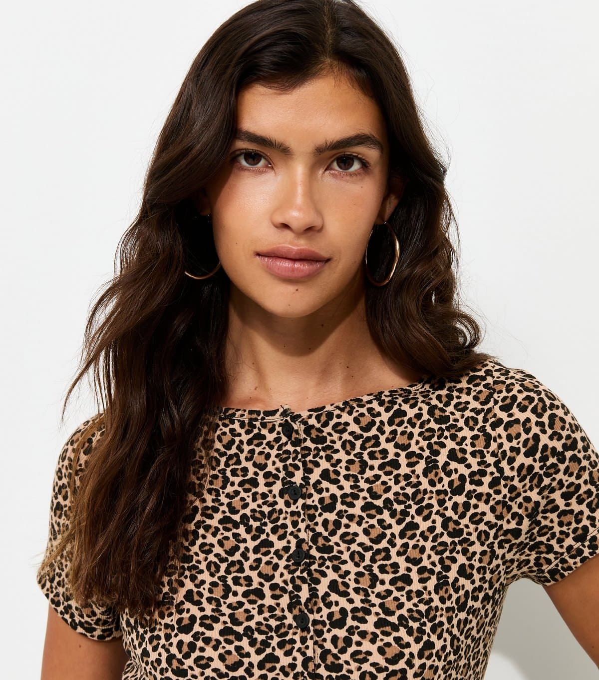 New Look Women's Brown Cotton Rich Leopard Print Button Front T-Shirt New Look