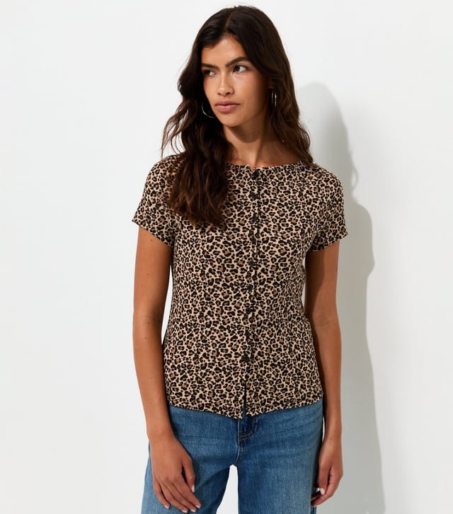 New Look Women's Brown Cotton Rich Leopard Print Button Front T-Shirt New Look - 3