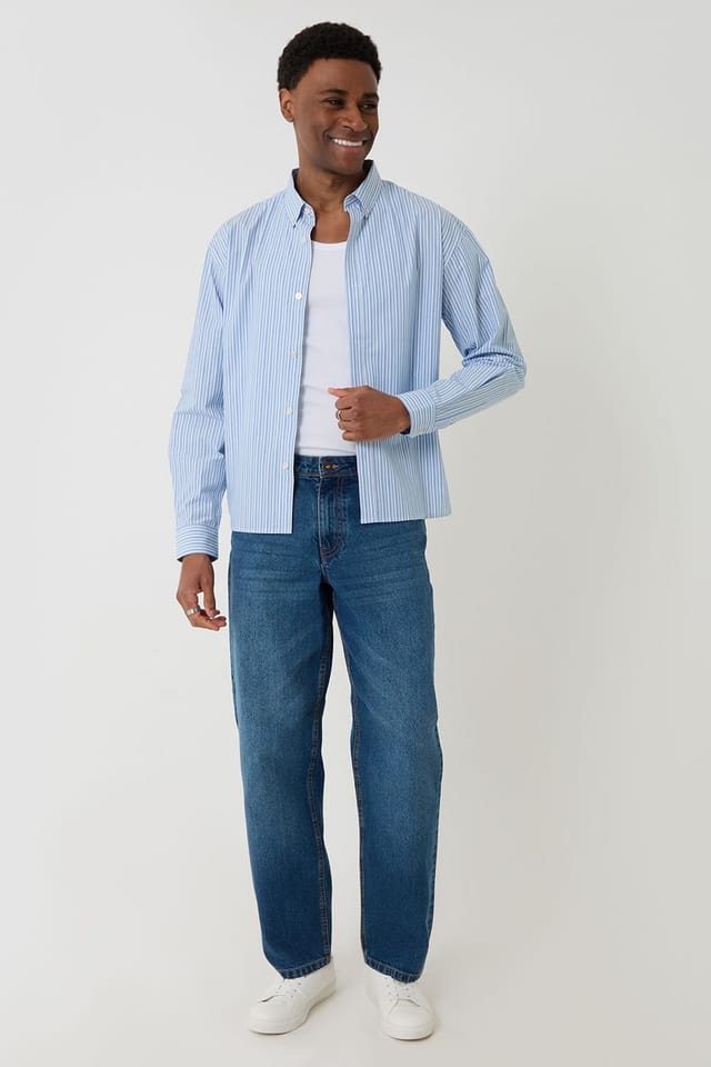 Threadbare threadbare Men's Stripe Cotton Poplin Cropped Fit Shirt in Blue - 3