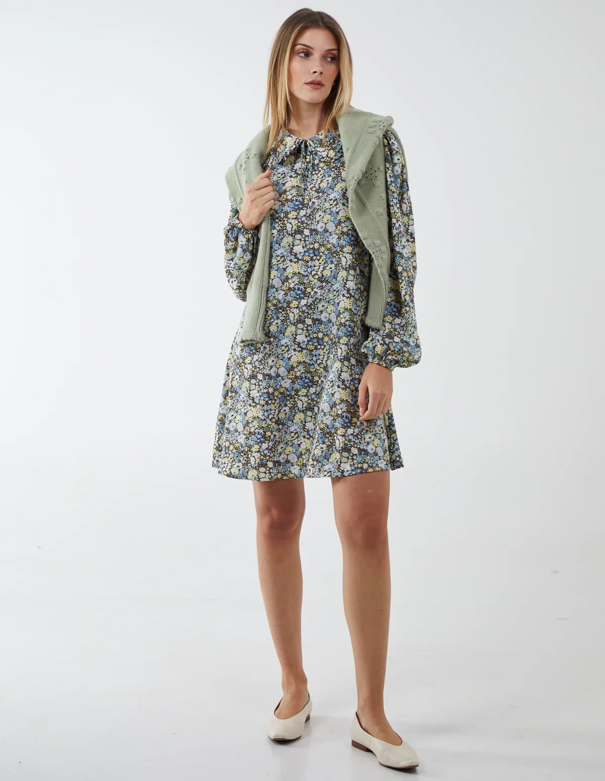 Blue Vanilla Floral Collar Neck Swing Dress