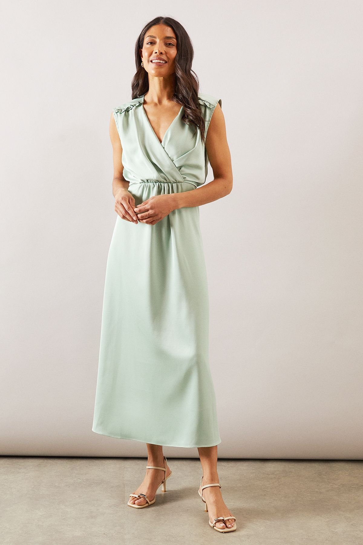 Wallis Wallis Women's Satin Wrap Gauged Dress in Mint - 2