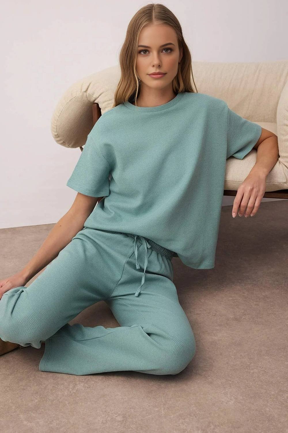 WOVCOR WOVCOR Women's 2-Piece Waffle Textured Knit Pajama Set with Waist Tie Detail in Aqua - 4