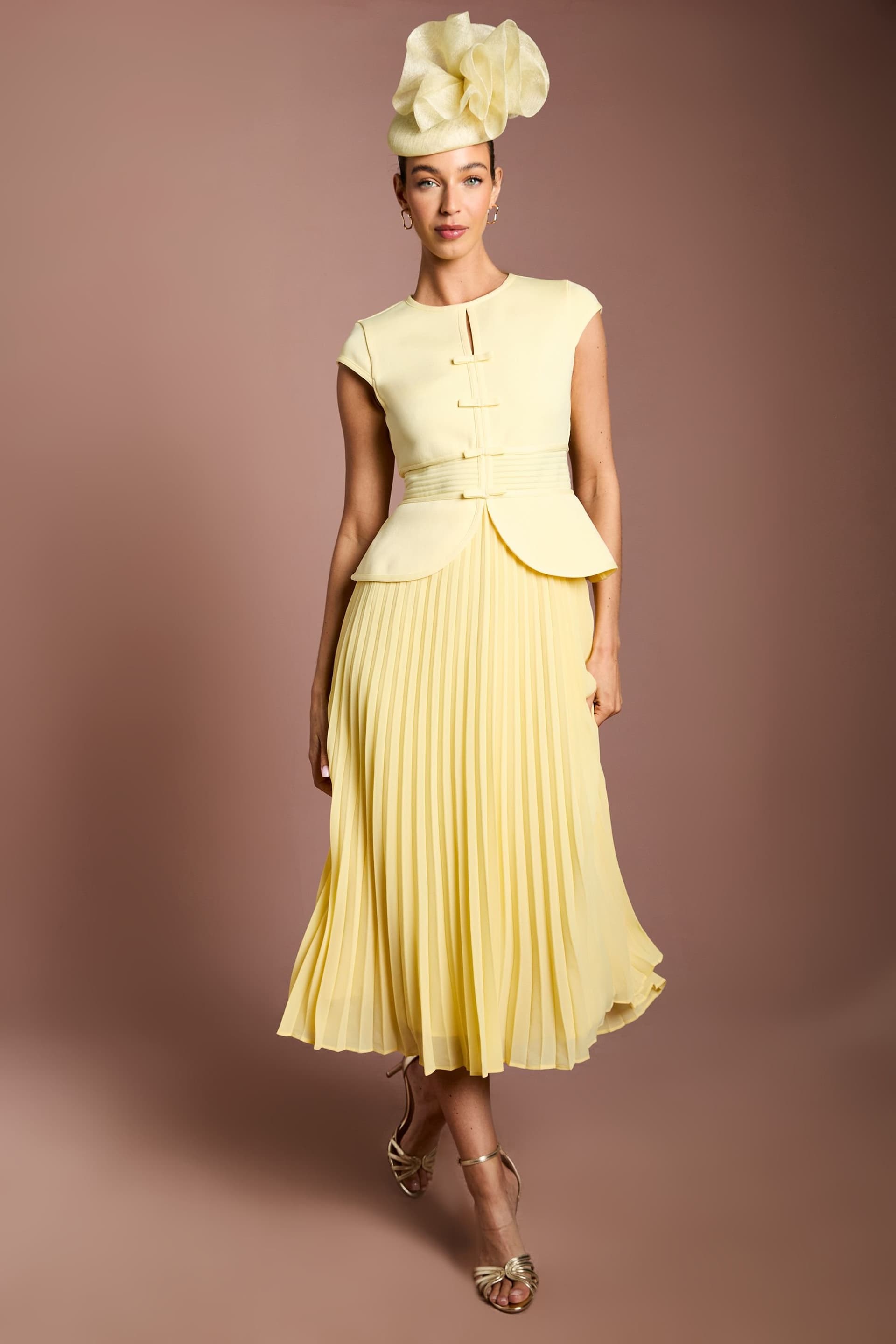 Coast Coast Women's Lisa Tan Bandage Bodice Pleat Skirt Bow Detail Midi Dress in Lemon