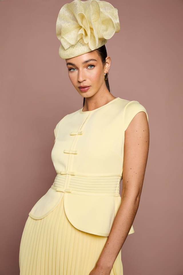 Coast Coast Women's Lisa Tan Bandage Bodice Pleat Skirt Bow Detail Midi Dress in Lemon - 2