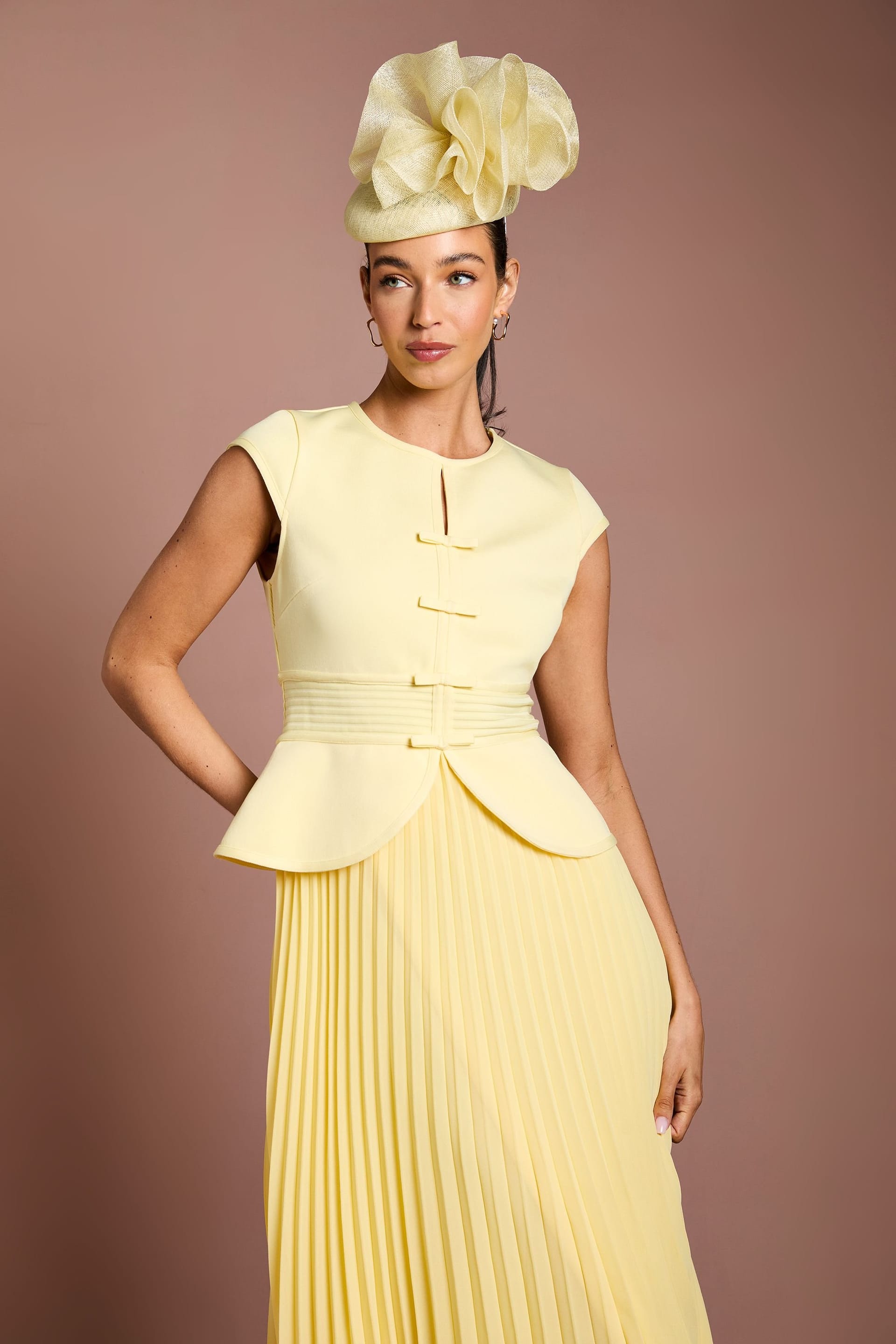 Coast Coast Women's Lisa Tan Bandage Bodice Pleat Skirt Bow Detail Midi Dress in Lemon - 4