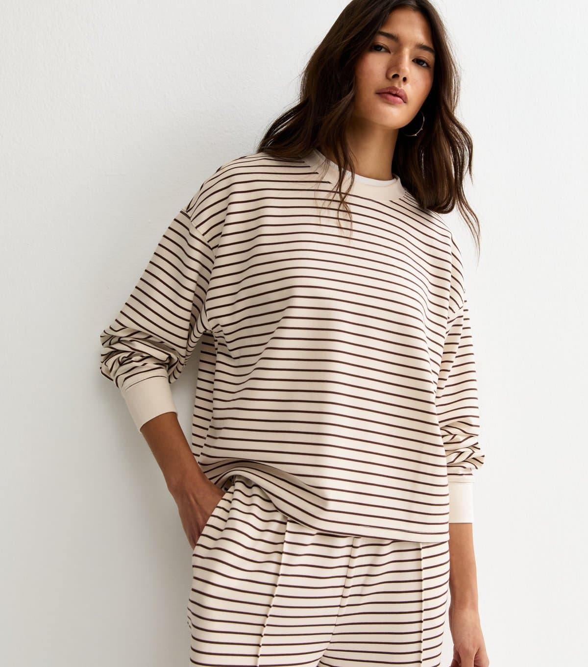 New Look Women's Brown Premium Stripe Relaxed Sweatshirt New Look
