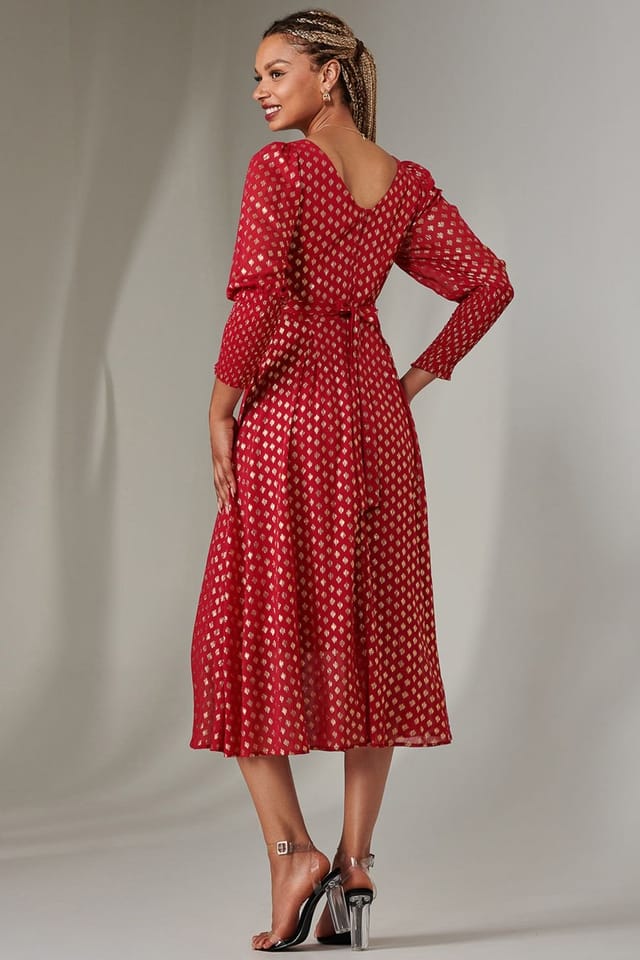 Jolie Moi Jolie Moi Women's Puff Sleeve Gold Spotty Midaxi Dress in Dark Red - 2
