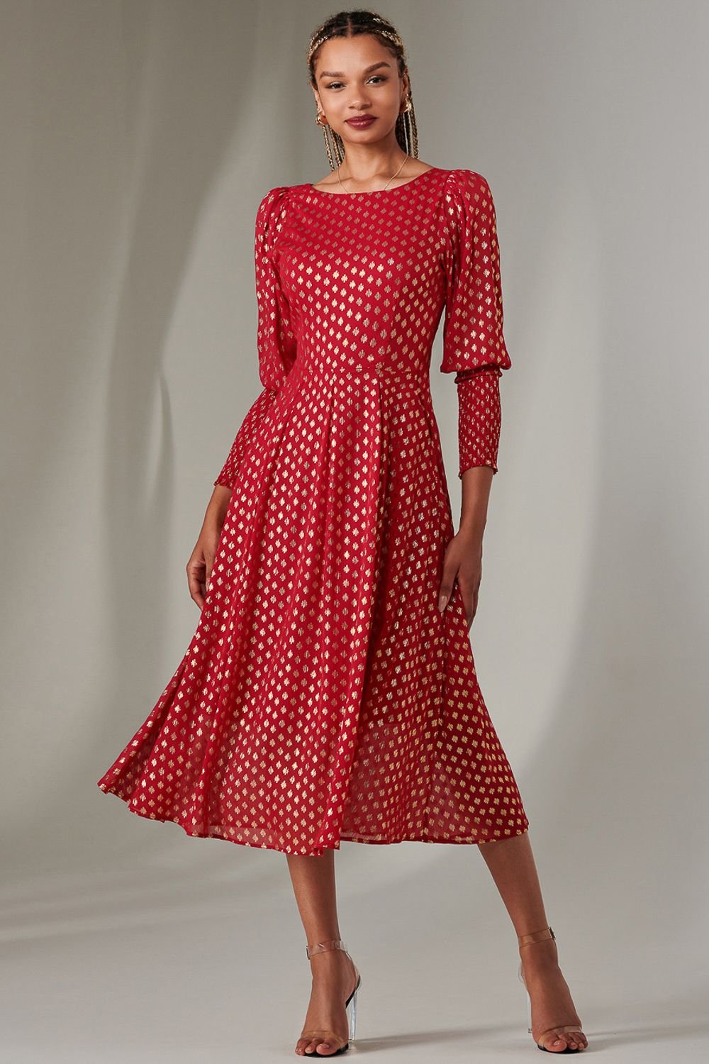 Jolie Moi Jolie Moi Women's Puff Sleeve Gold Spotty Midaxi Dress in Dark Red - 3