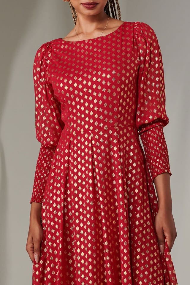 Jolie Moi Jolie Moi Women's Puff Sleeve Gold Spotty Midaxi Dress in Dark Red - 3