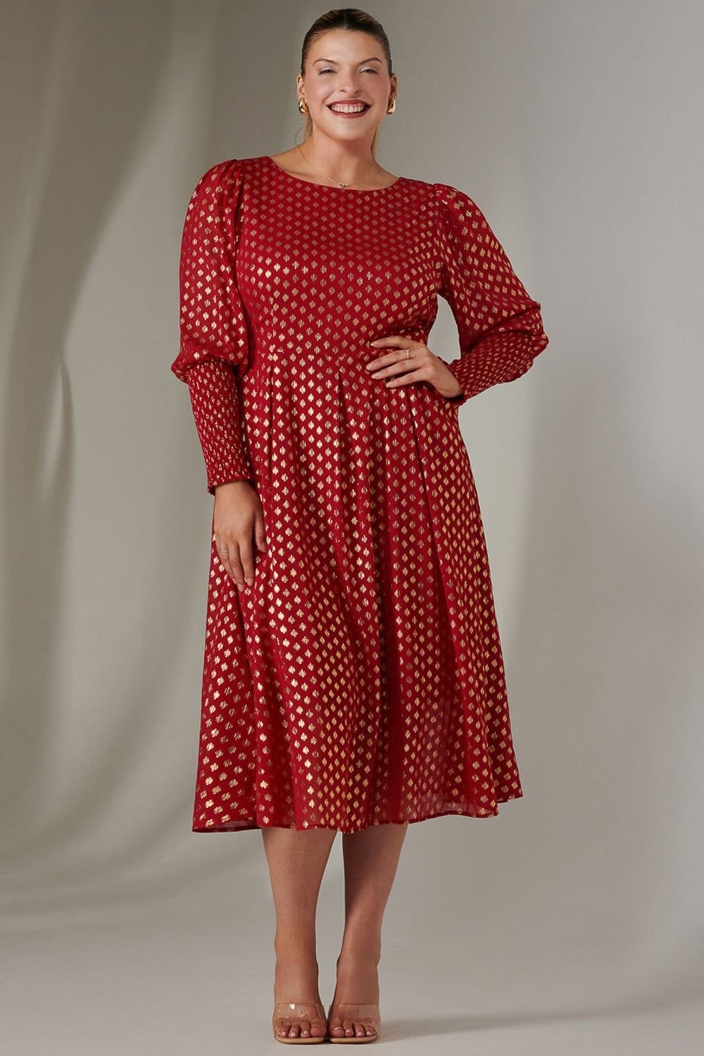 Jolie Moi Jolie Moi Women's Puff Sleeve Gold Spotty Midaxi Dress in Dark Red - 4