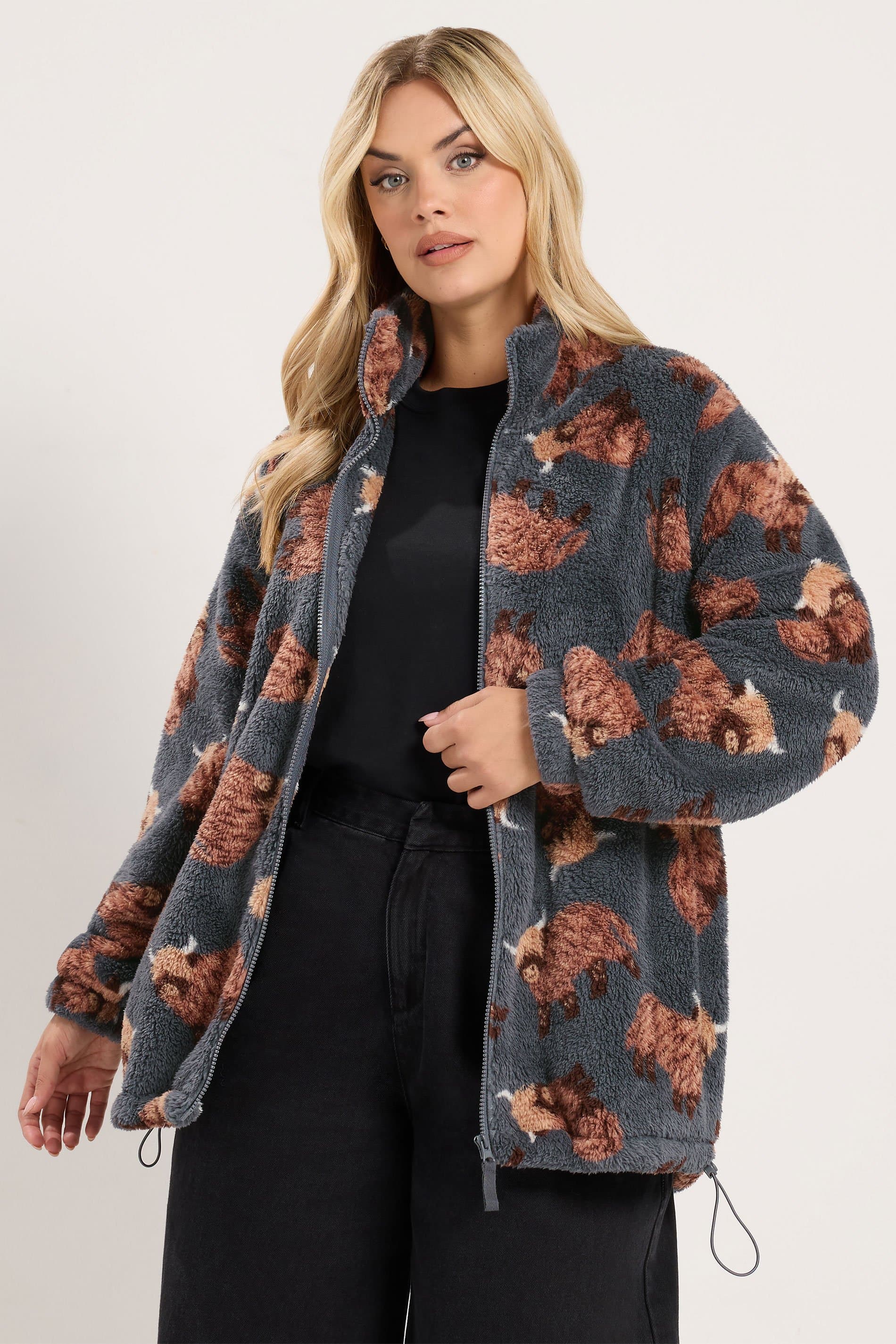 Yours Curve Womens Grey Highland Cow Zip Through Feather Fleece