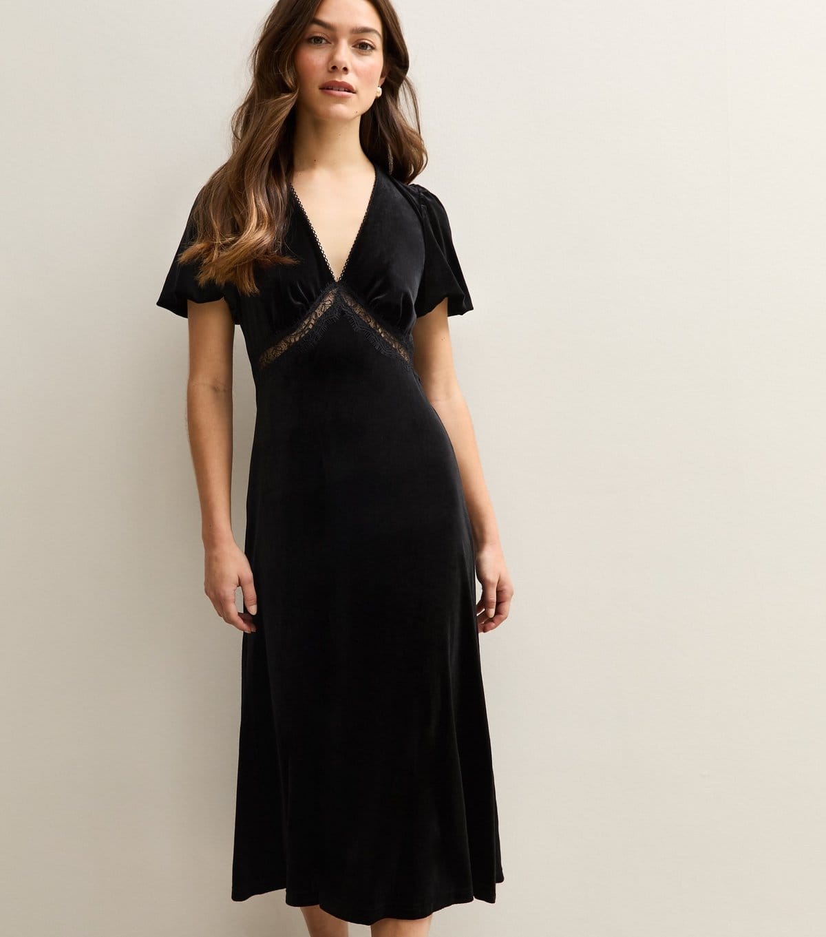 New Look Petite Black Lace Trim Velvet Midi Dress