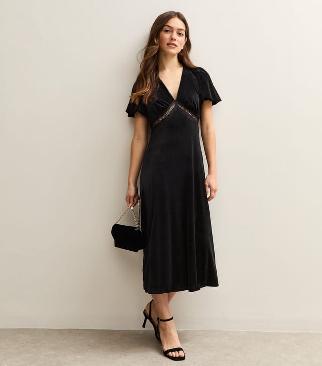New Look Women's Petite Black Lace Trim Velvet Midi Dress New Look - 3