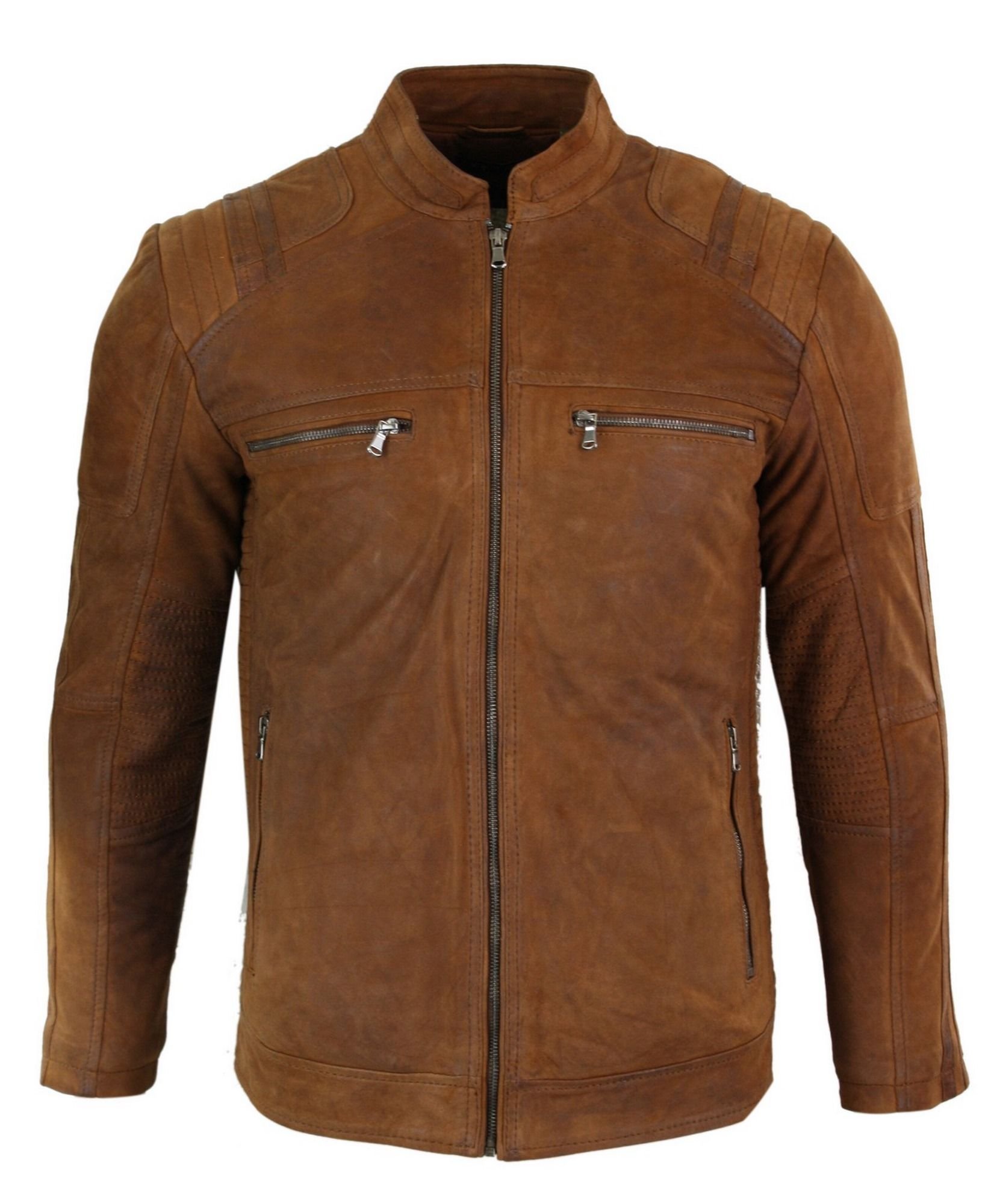 TruClothing TruClothing Men's Suede Leather Retro Vintage Biker Jacket in Tan - 2