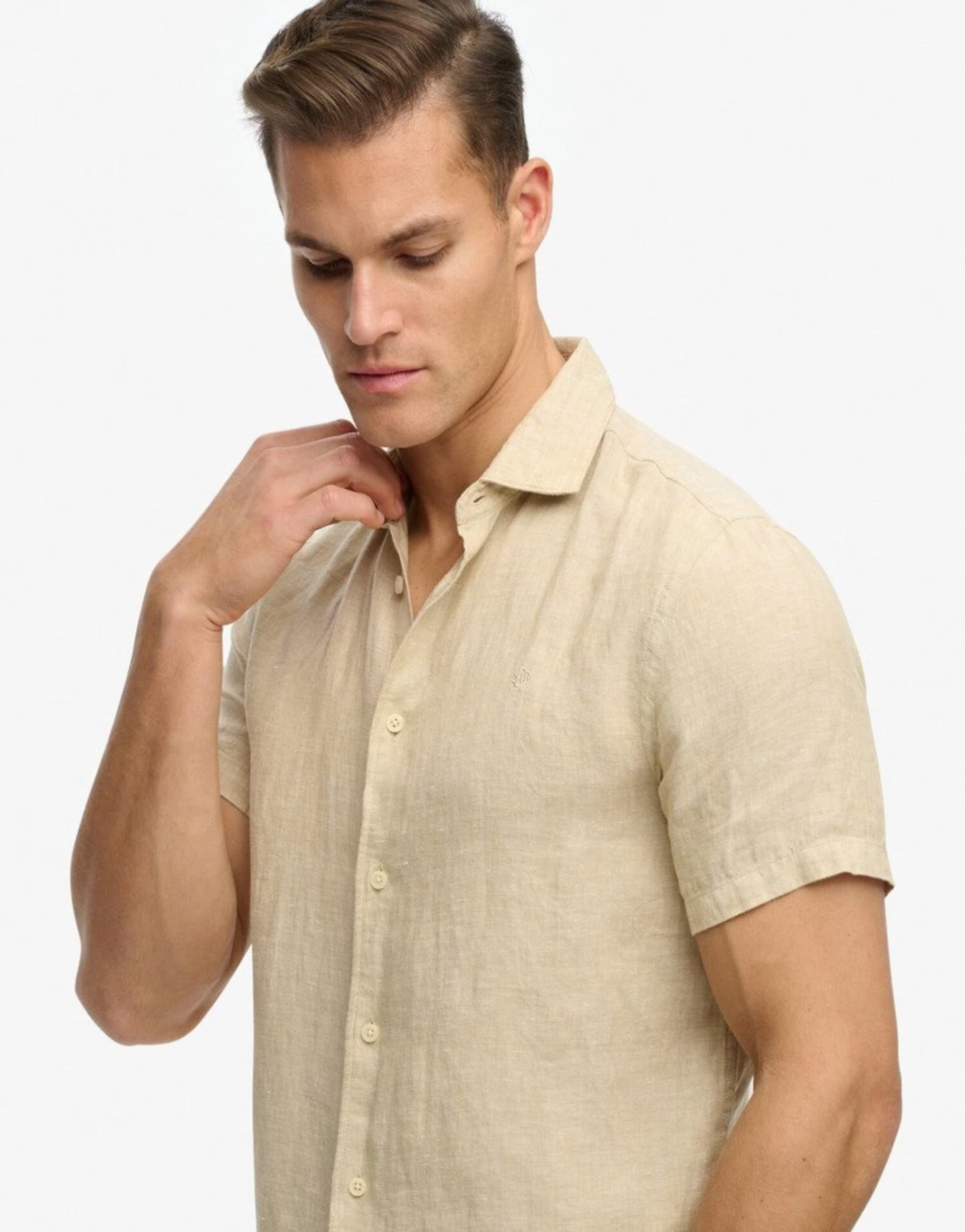 ASOS Superdry Riviera short sleeve linen shirt in tan chambray
