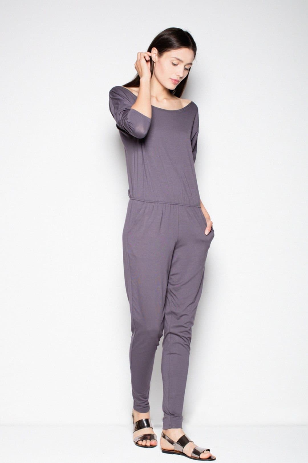 Love Lace Love Lace Women's Sporty Half Round Neck Jumpsuit Cut at Waist in Grey