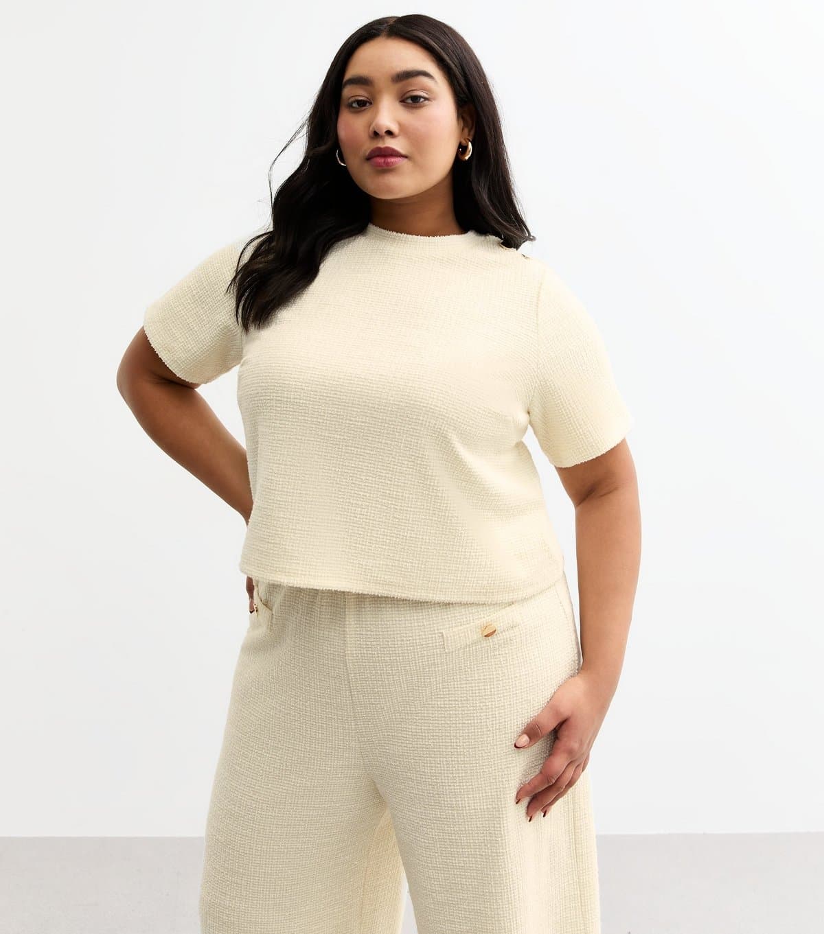 New Look New Look Cream Textured Button Detail Crop T-Shirt