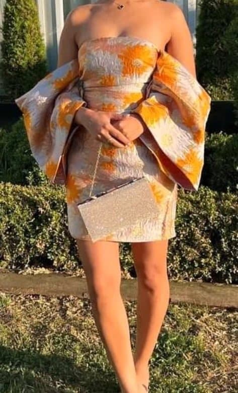 ASOS ASOS Luxe extreme bardot sleeve jacquard mini dress in orange floral jacquard