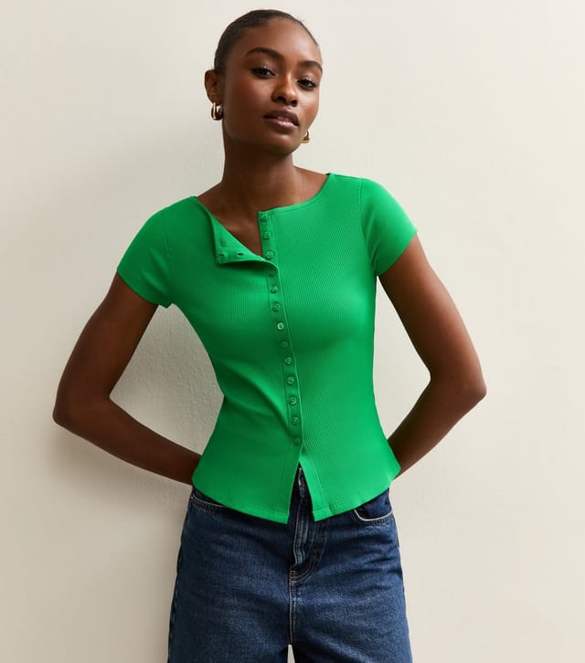 New Look Women's Dark Green Button Through Baby Tee New Look - 2