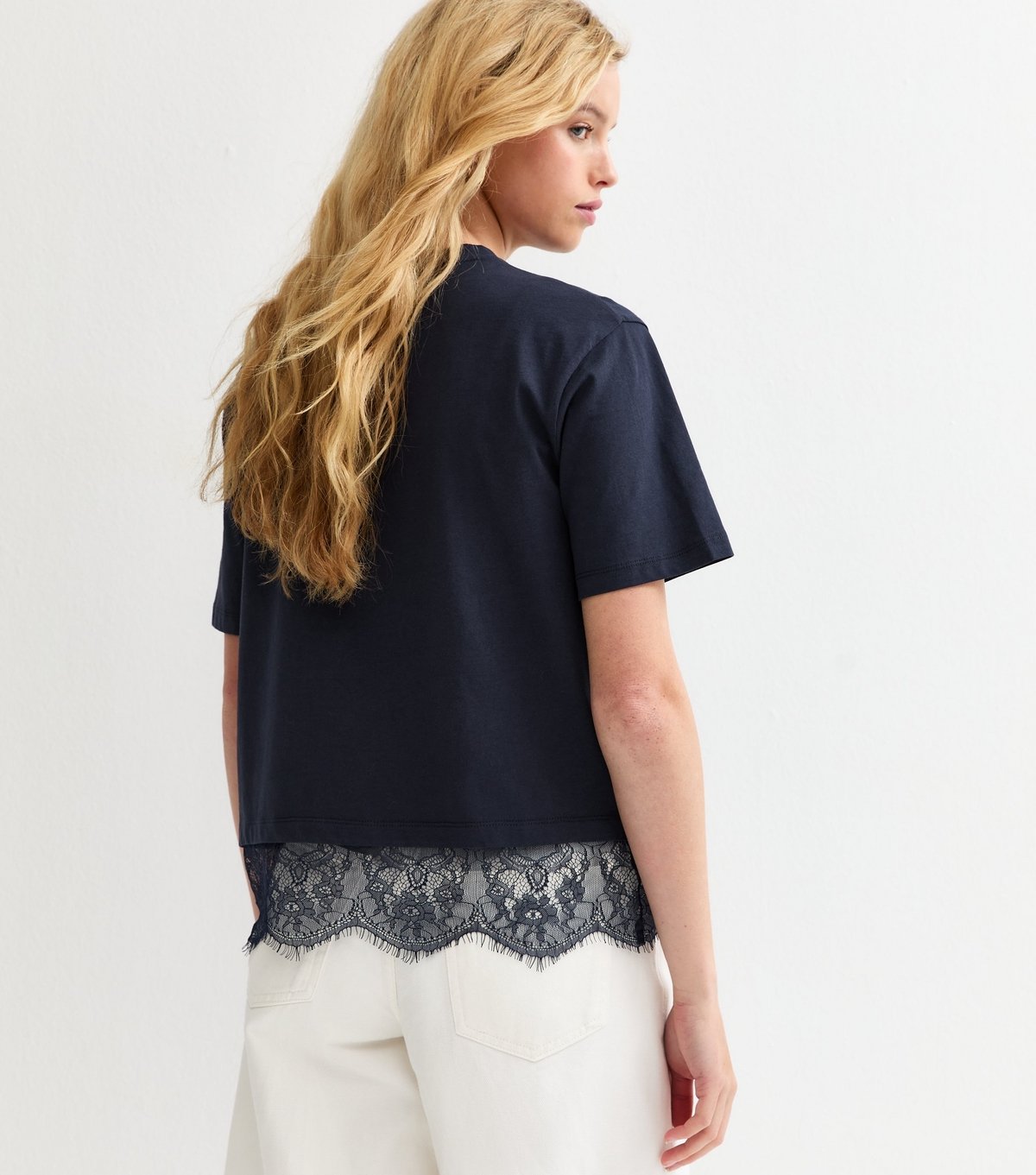 New Look Women's Navy Lace Hem Boxy T-Shirt New Look - 4