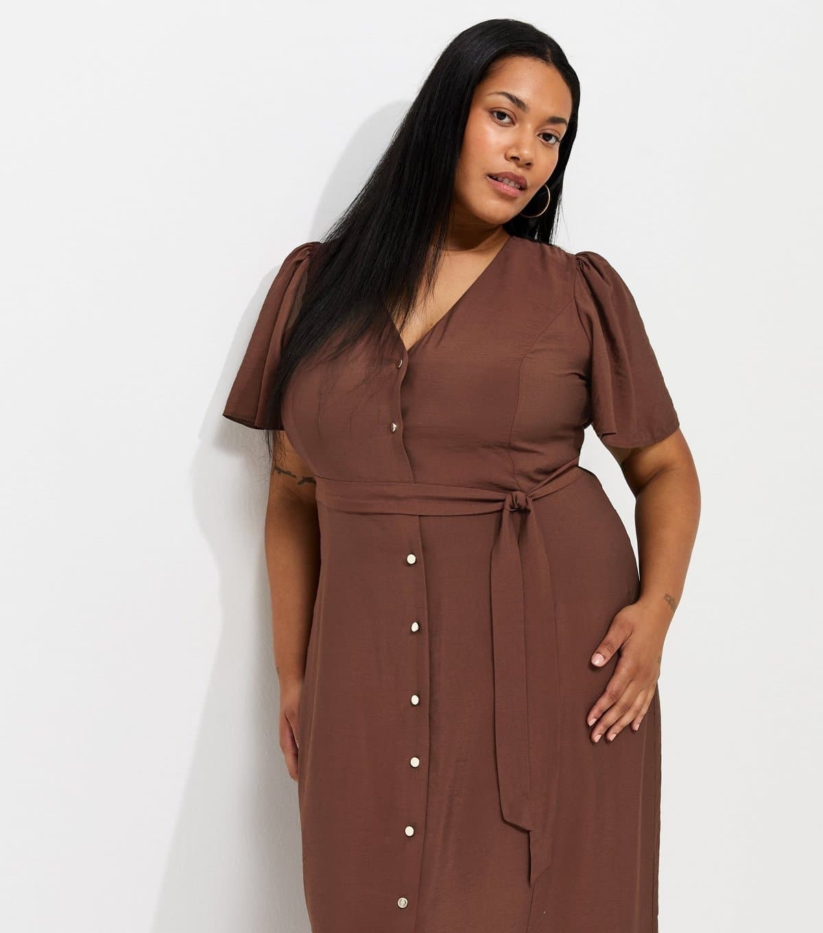 New Look Women's Plus Size Dark Brown Button Through Puff Sleeve Midi Dress Curves New Look