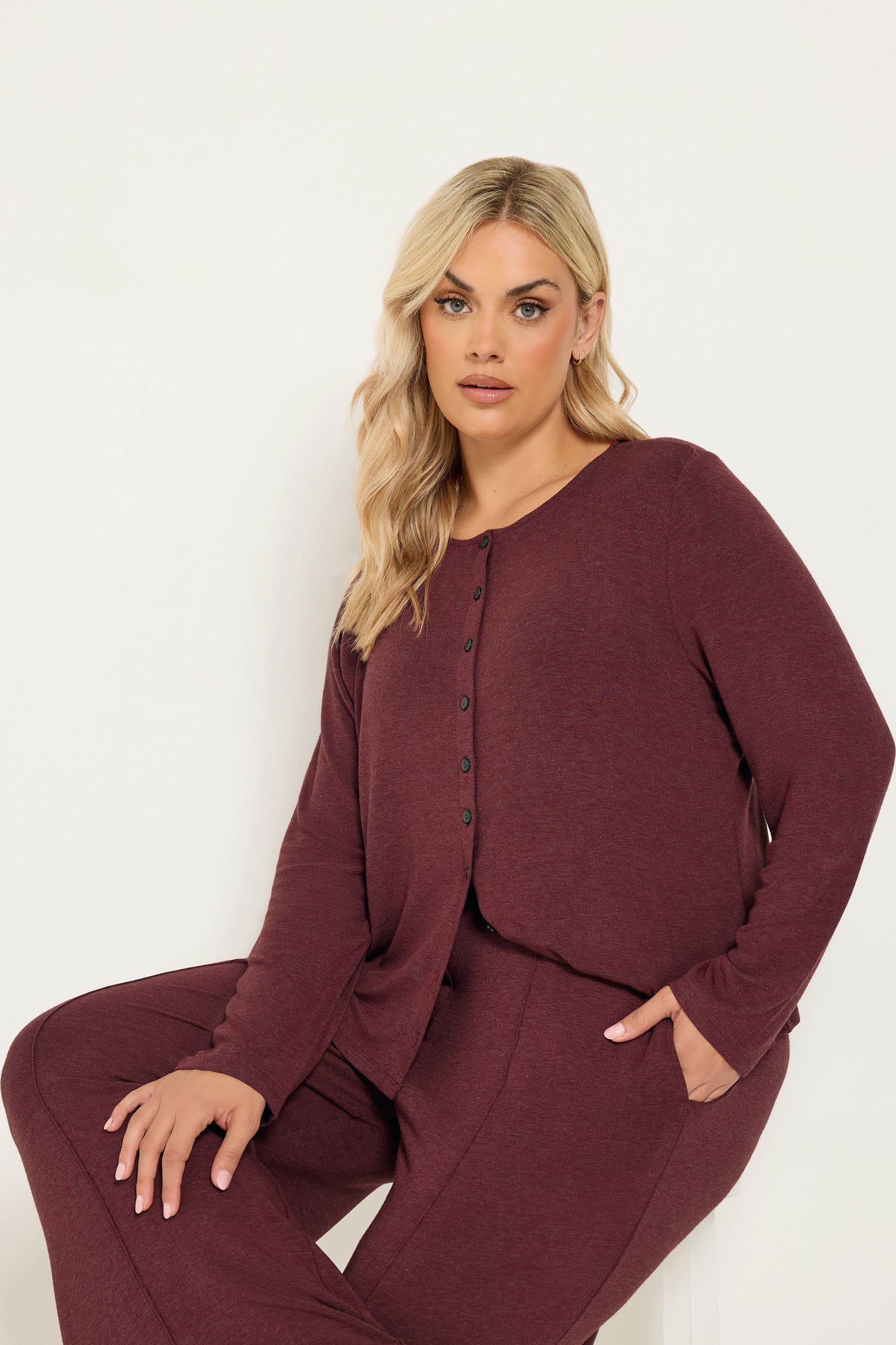 Yours Plus Size Burgundy Red Button Long Sleeve Top