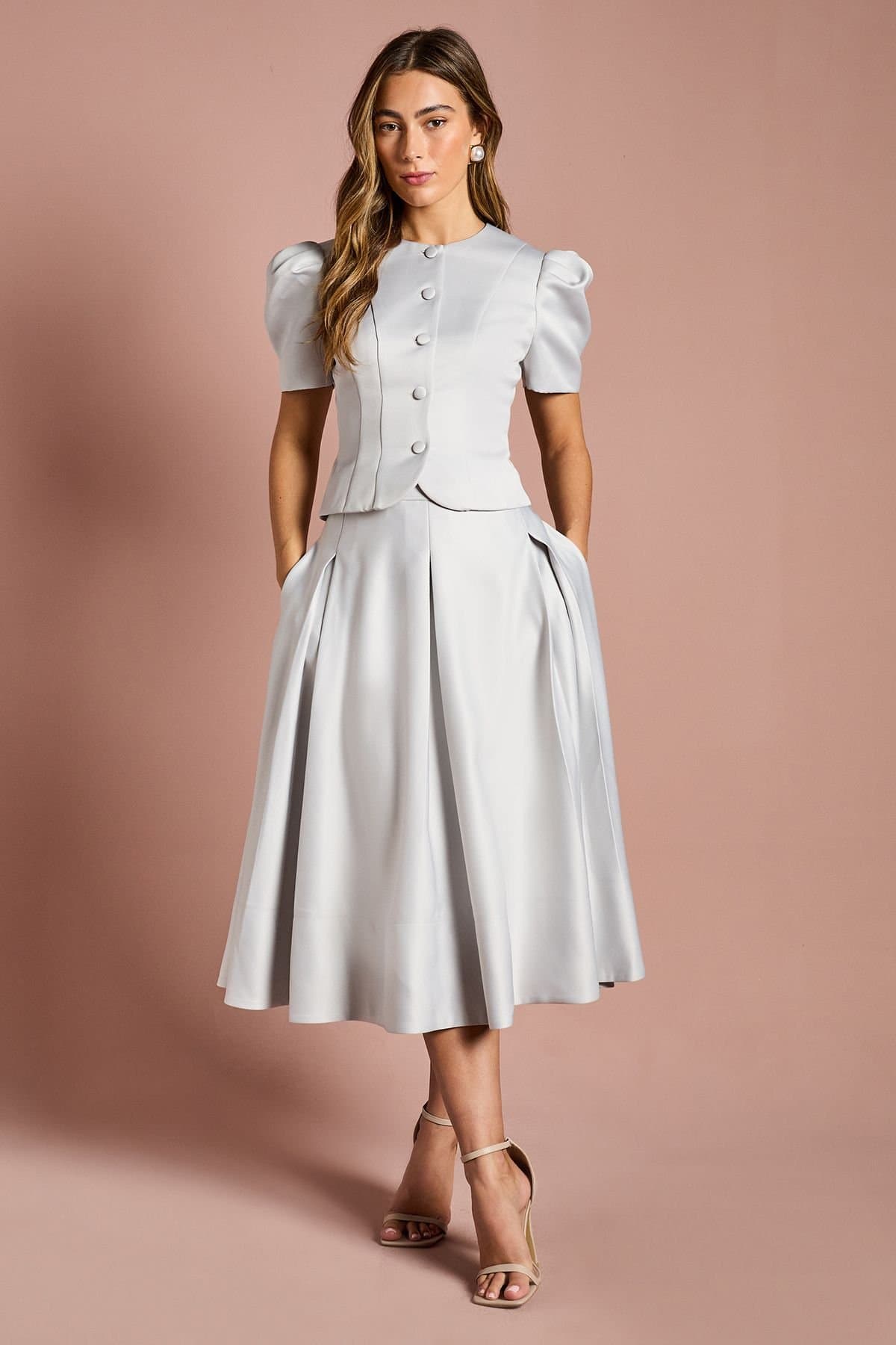 Coast Coast Women's Satin Pleat Front Midi Full Skirt in Silver