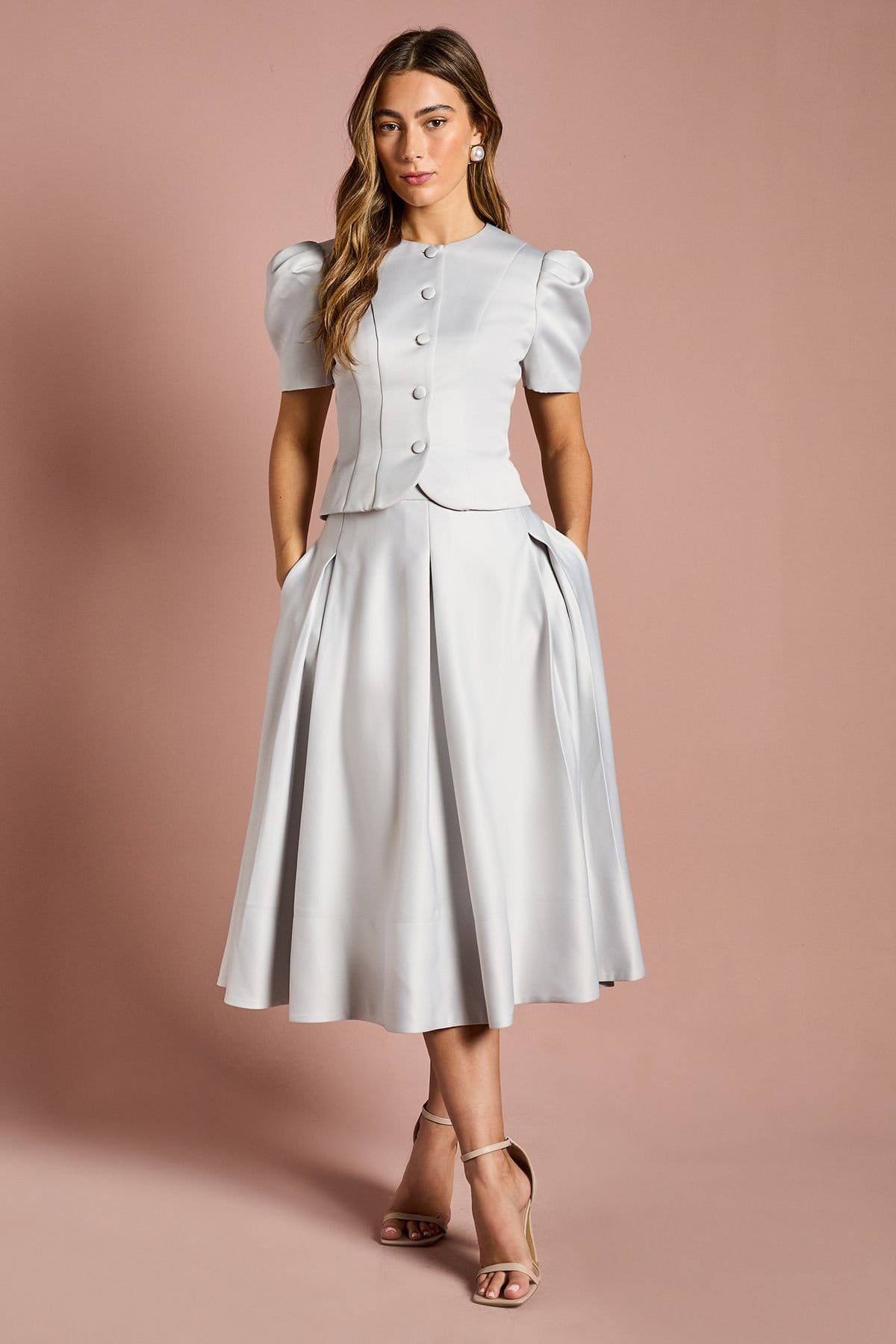 Coast Silver Satin Puff Sleeve Blouse & Full Skirt Midi Dress Set