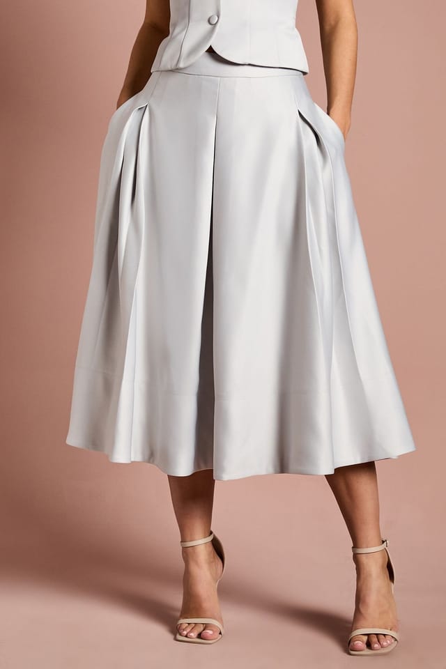 Coast Coast Women's Satin Pleat Front Midi Full Skirt in Silver - 2