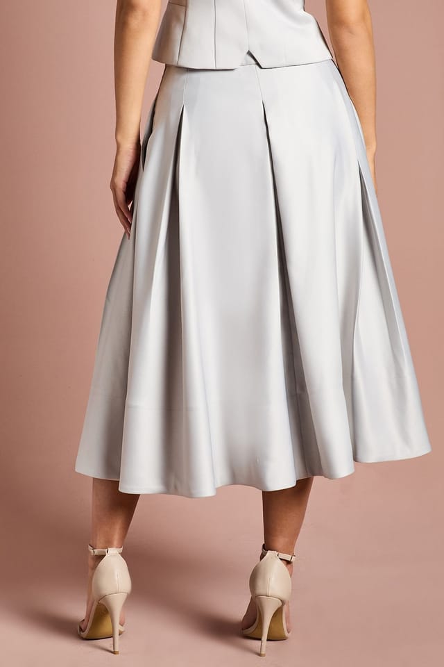 Coast Coast Women's Satin Pleat Front Midi Full Skirt in Silver - 3