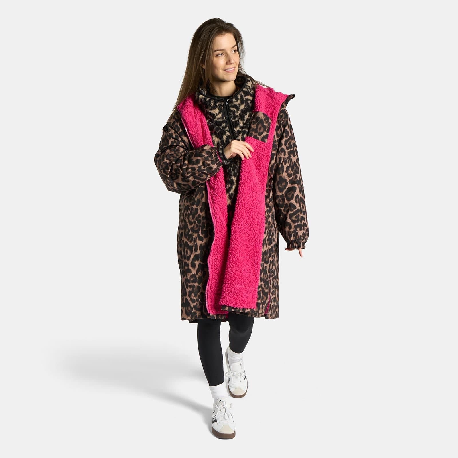 OHS OHS Women's 2 Piece Leopard Print Changing Robe & Half-Zip Teddy Fleece Co-Ord Set in Brown